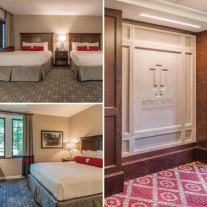 Interior shots of Biddle Hotel rooms, showing rooms with one king and two queen beds